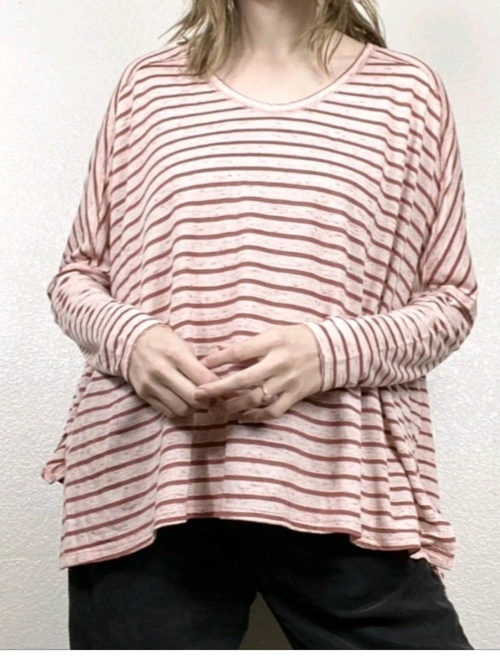 Lumiere V-Neck Long Sleeve Striped Tee in Cream and Burgundy